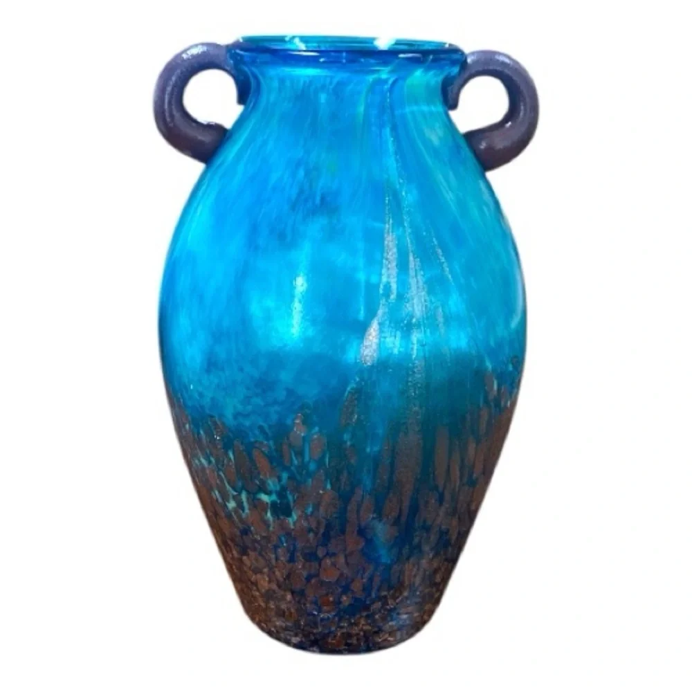 Dale Tiffany Favrile Art Glass Amphora Teal Blue Vase Gold Copper Aventurine 8
